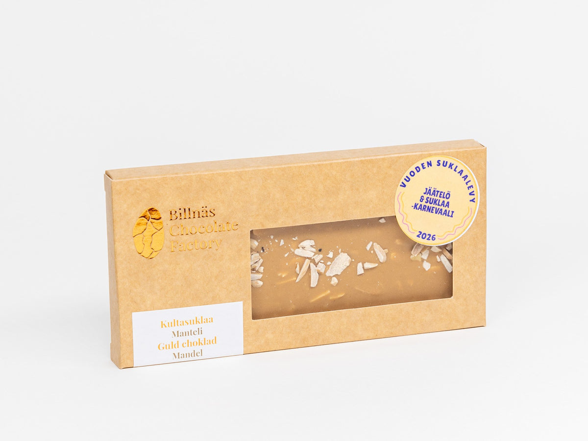 Billnäs Chocolate Factoryn Kultasuklaa-manteli -suklaalevy.