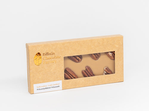 Billnäs Chocolate Factoryn Kultasuklaa-pekaanipähkinä -suklaalevy.