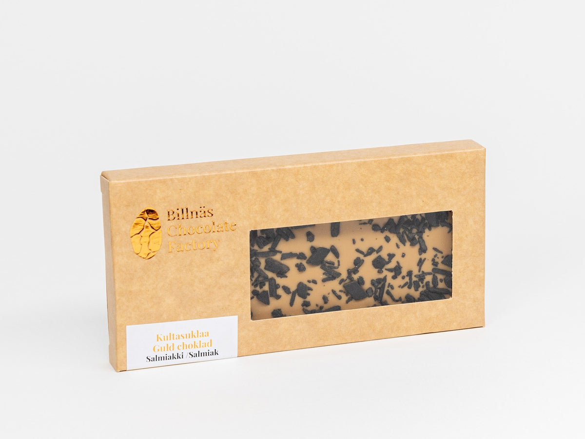 Billnäs Chocolate Factoryn Kultasuklaa-salmiakki -suklaalevy.